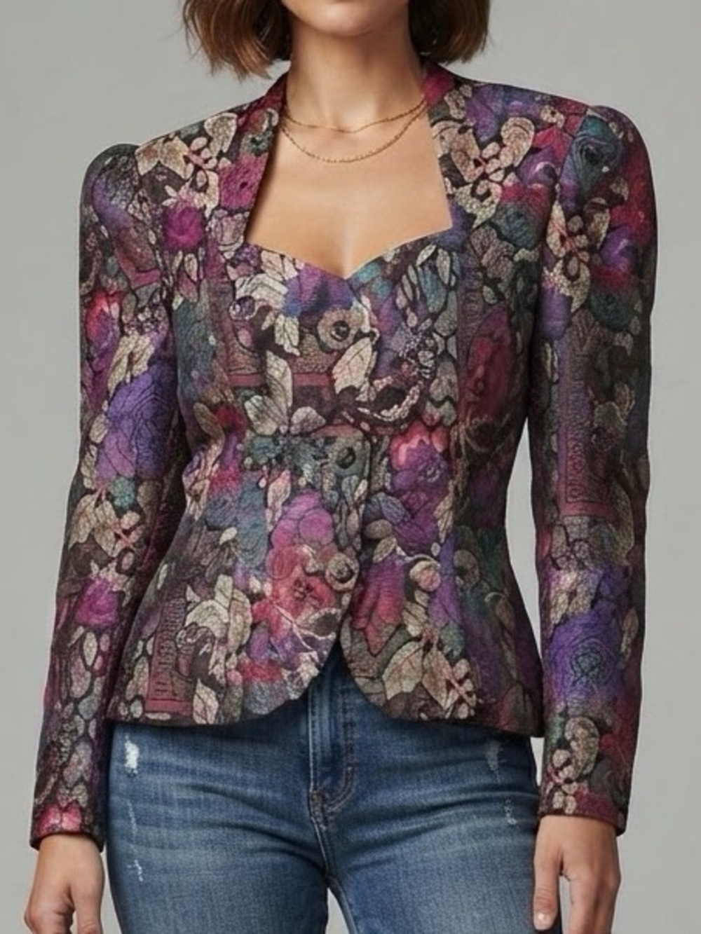 NU-MODE Vintage Puff Sleeve Peplum Brocade Blazer